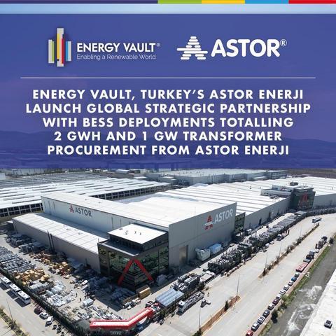 EnergyVault与土耳其公司AstorEnerji启动全球战略合作伙伴关系将部署总计2GWh的电池储能系统并从Astorji采购1GW变压器